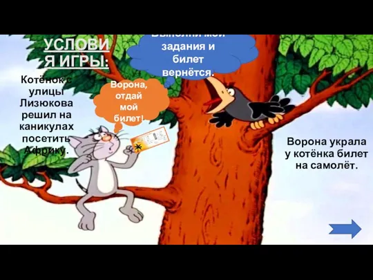 УСЛОВИЯ ИГРЫ: Котёнок с улицы Лизюкова решил на каникулах посетить Африку. Ворона