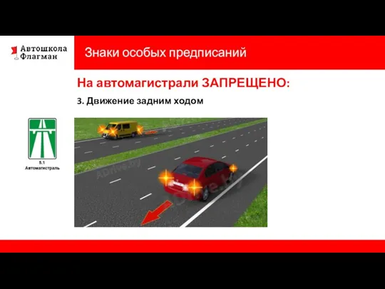 Знаки особых предписаний На автомагистрали ЗАПРЕЩЕНО: 3. Движение задним ходом