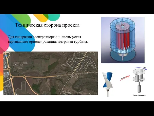 Техническая сторона проекта Для генерации электроэнергии используется вертикально ориентированная ветряная турбина.