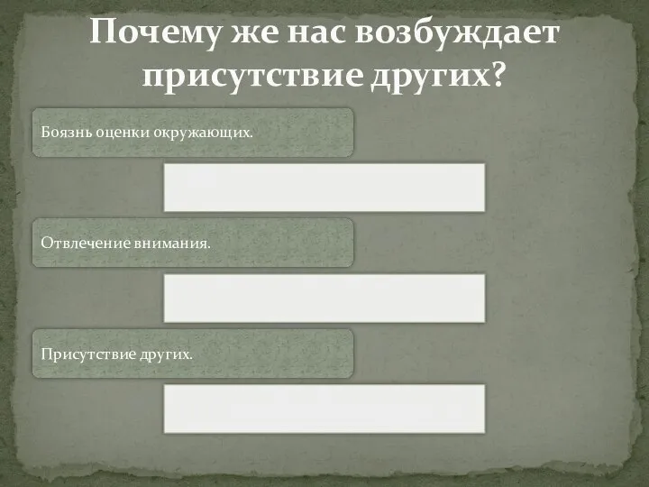 Боязнь оценки окружающих. Отвлечение внимания. Присутствие других. Почему же нас возбуждает присутствие других?