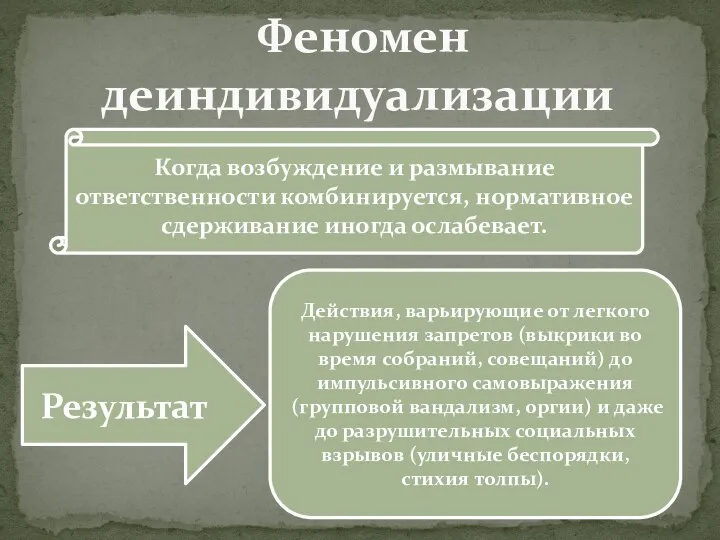 Феномен деиндивидуализации Когда возбуждение и размывание ответственности комбинируется, нормативное сдерживание иногда ослабевает.