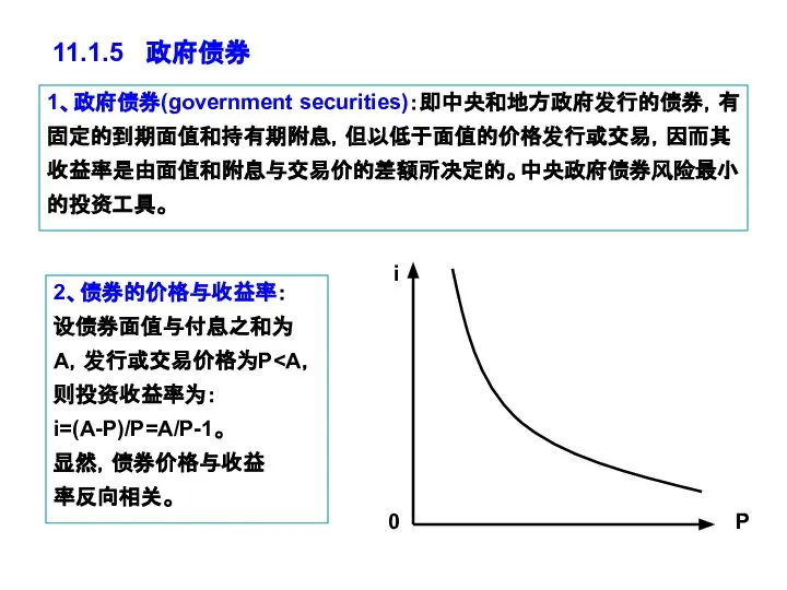 1、政府债券(government securities)：即中央和地方政府发行的债券，有固定的到期面值和持有期附息，但以低于面值的价格发行或交易，因而其收益率是由面值和附息与交易价的差额所决定的。中央政府债券风险最小的投资工具。 11.1.5 政府债券 2、债券的价格与收益率： 设债券面值与付息之和为A，发行或交易价格为P i=(A-P)/P=A/P-1。 显然，债券价格与收益 率反向相关。 i 0 P