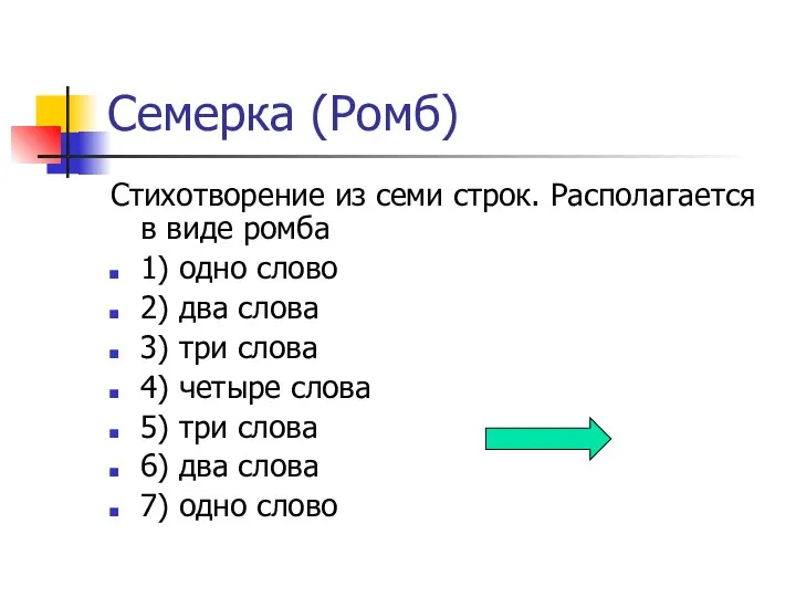 Семерка (Ромб) Стихотворение из семи строк. Располагается в виде ромба 1) одно