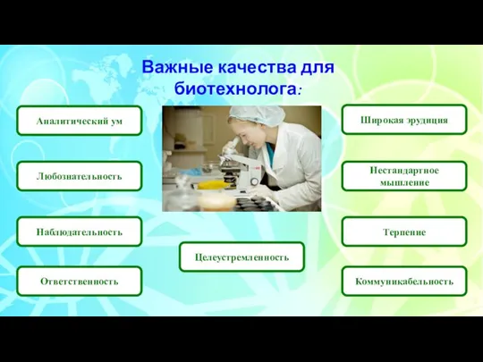 Важные качества для биотехнолога: Аналитический ум Широкая эрудиция Любознательность Нестандартное мышление Наблюдательность Терпение Ответственность Коммуникабельность Целеустремленность