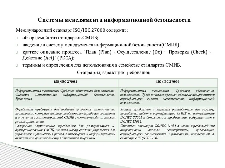 Международный стандарт ISO/IEC 27000 содержит: обзор семейства стандартов СМИБ; введение в систему