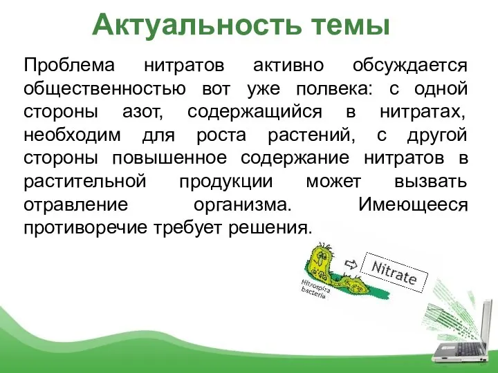 Актуальность темы Проблема нитратов активно обсуждается общественностью вот уже полвека: с одной