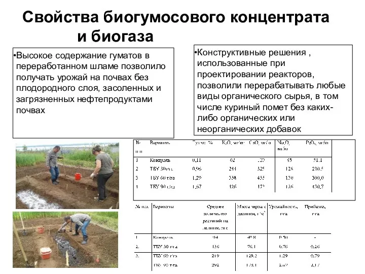 Свойства биогумосового концентрата и биогаза Высокое содержание гуматов в переработанном шламе позволило