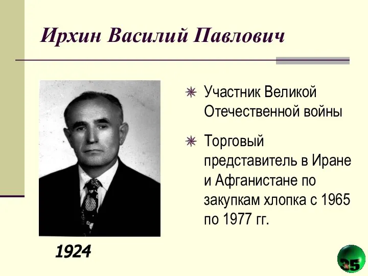 Ирхин Василий Павлович Участник Великой Отечественной войны Торговый представитель в Иране и