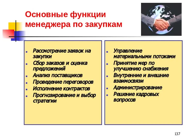 Основные функции менеджера по закупкам Рассмотрение заявок на закупки Сбор заказов и