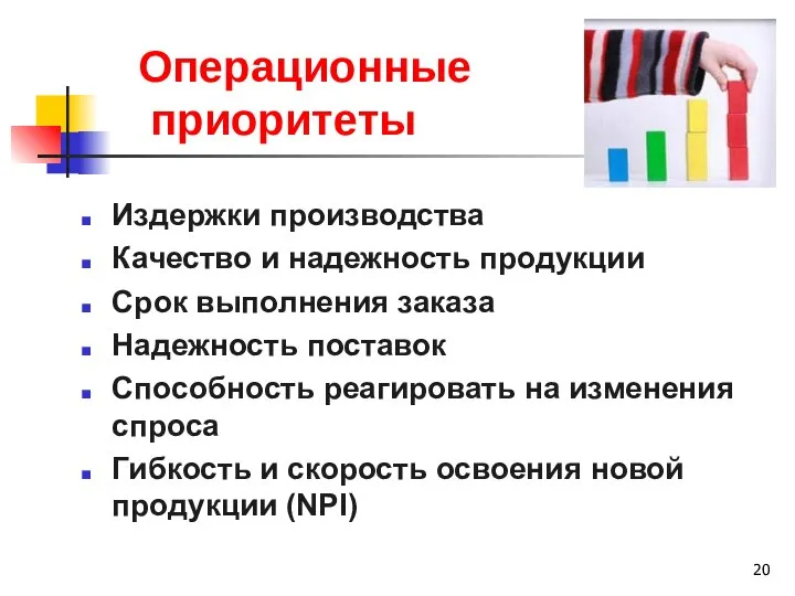 Операционные приоритеты Издержки производства Качество и надежность продукции Срок выполнения заказа Надежность