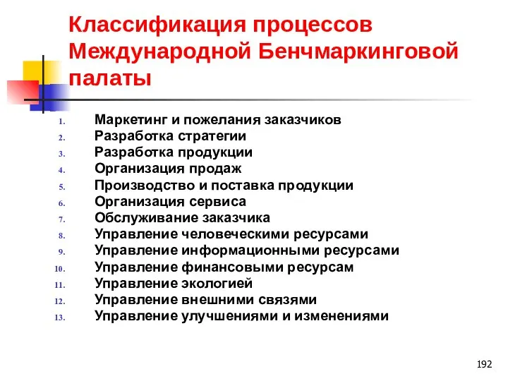 Классификация процессов Международной Бенчмаркинговой палаты Маркетинг и пожелания заказчиков Разработка стратегии Разработка