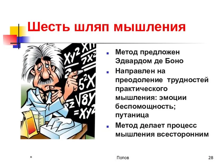 Шесть шляп мышления Метод предложен Эдвардом де Боно Направлен на преодоление трудностей