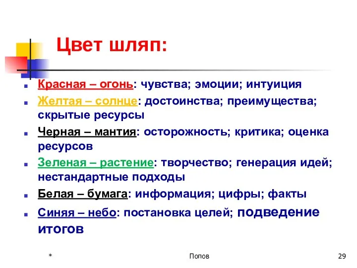 Цвет шляп: Красная – огонь: чувства; эмоции; интуиция Желтая – солнце: достоинства;