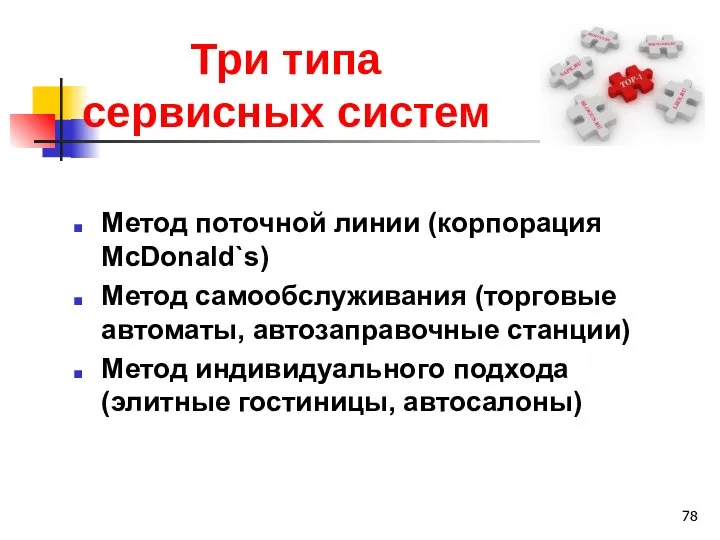 Три типа сервисных систем Метод поточной линии (корпорация McDonald`s) Метод самообслуживания (торговые