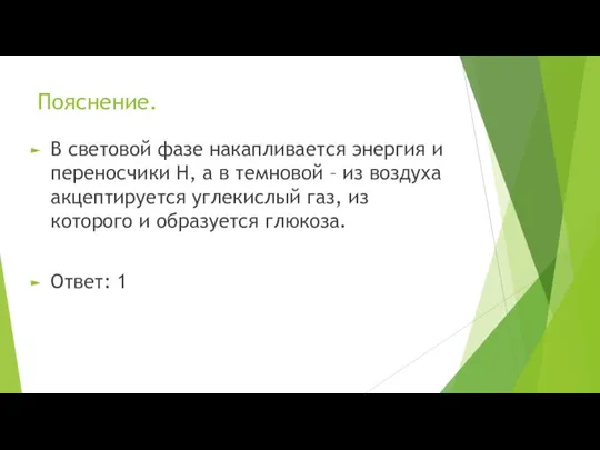 Пояснение. В световой фазе накапливается энергия и переносчики Н, а в темновой