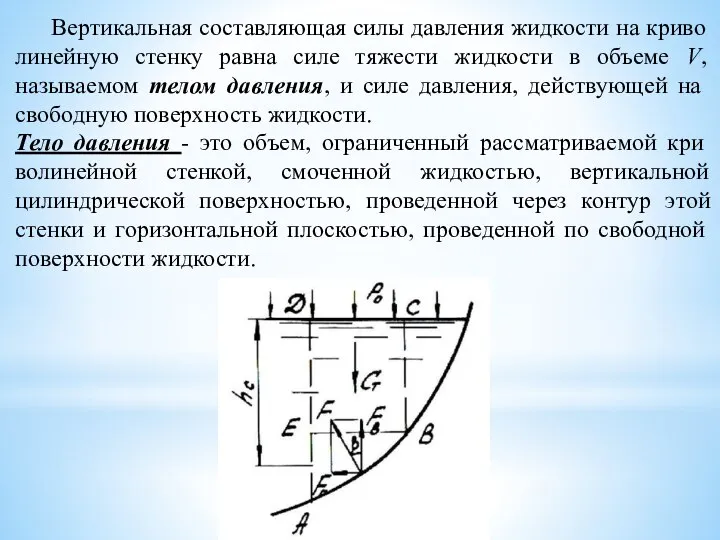 Вертикальная составляющая силы давления жидкости на криво­линейную стенку равна силе тяжести жидкости