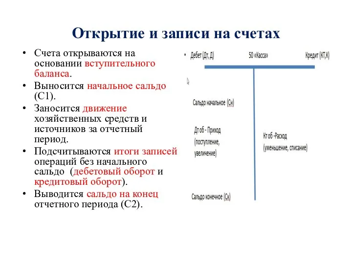 Открытие и записи на счетах Счета открываются на основании вступительного баланса. Выносится