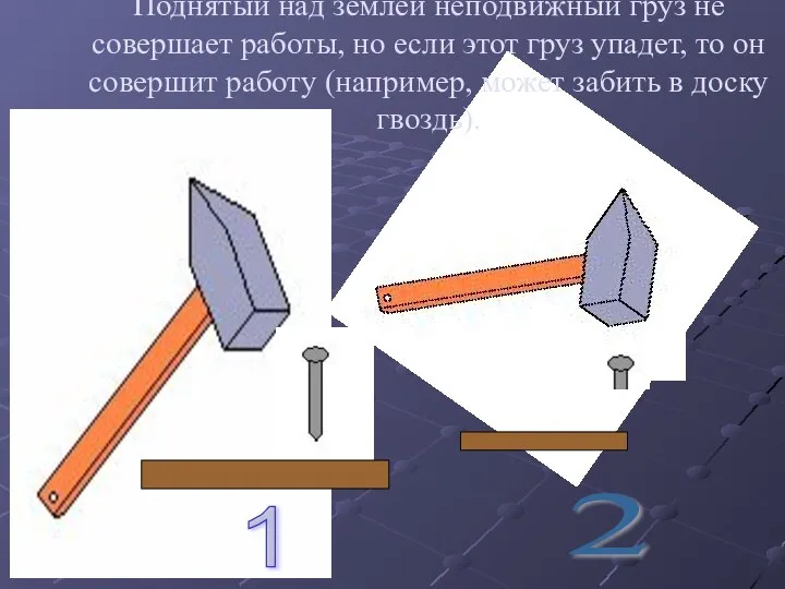 1 2 Поднятый над землей неподвижный груз не совершает работы, но если