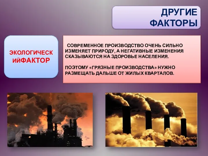 ДРУГИЕ ФАКТОРЫ ЭКОЛОГИЧЕСКИЙФАКТОР СОВРЕМЕННОЕ ПРОИЗВОДСТВО ОЧЕНЬ СИЛЬНО ИЗМЕНЯЕТ ПРИРОДУ, А НЕГАТИВНЫЕ ИЗМЕНЕНИЯ