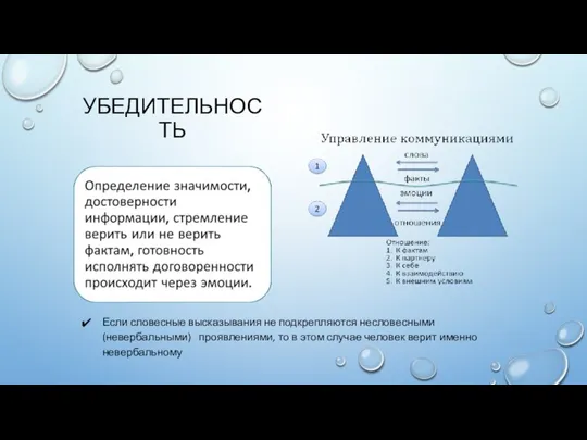 УБЕДИТЕЛЬНОСТЬ Если словесные высказывания не подкрепляются несловесными (невербальными) проявлениями, то в этом