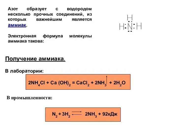 Азот образует с водородом несколько прочных соединений, из которых важнейшим является аммиак.