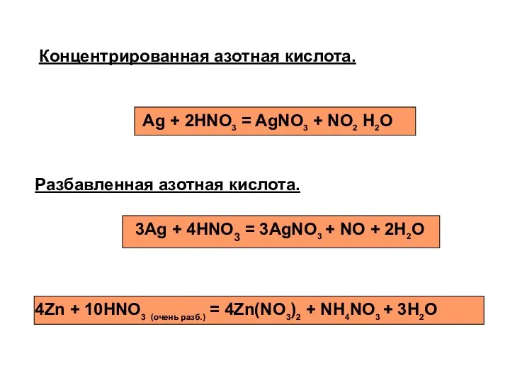 Разбавленная азотная кислота. Концентрированная азотная кислота. Ag + 2HNO3 = AgNO3 +