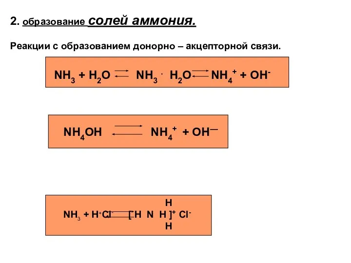 2. образование солей аммония. Реакции с образованием донорно – акцепторной связи. NH3