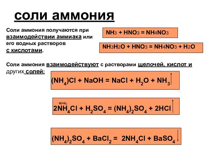 соли аммония Соли аммония получаются при взаимодействии аммиака или его водных растворов