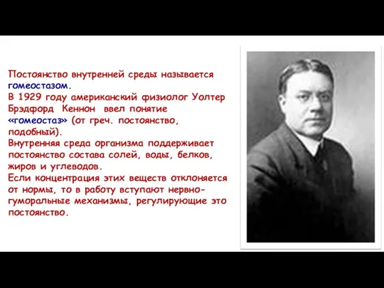 Постоянство внутренней среды называется гомеостазом. В 1929 году американский физиолог Уолтер Брэдфорд