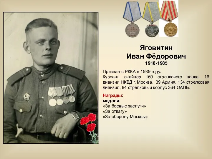 Яговитин Иван Фёдорович 1918-1985 Призван в РККА в 1939 году. Курсант, снайпер