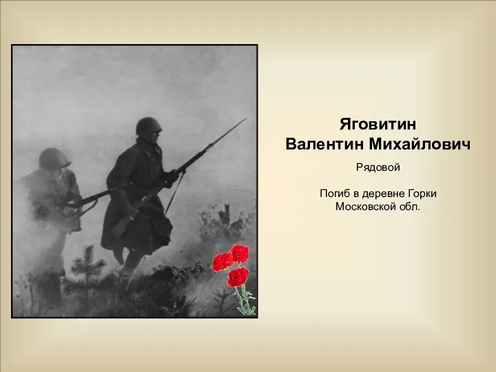 Яговитин Валентин Михайлович Рядовой Погиб в деревне Горки Московской обл.