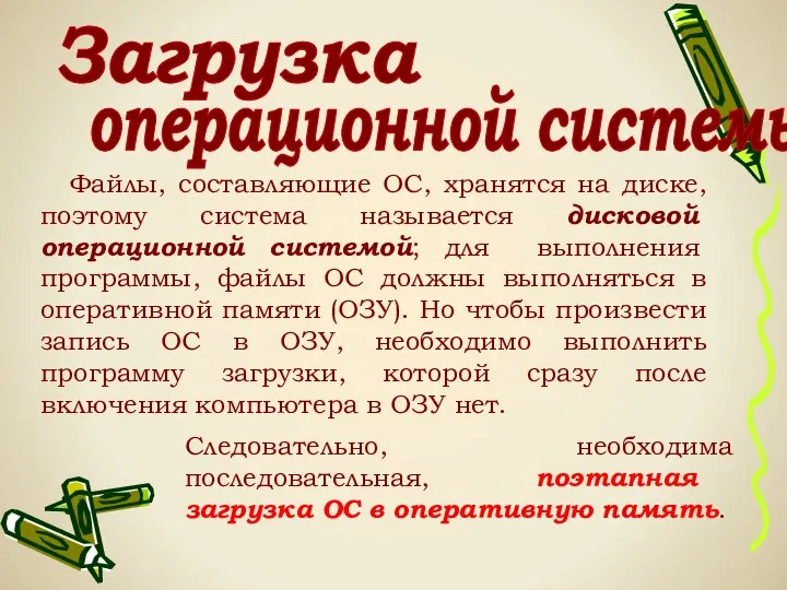 Загрузка операционной системы: Файлы, составляющие ОС, хранятся на диске, поэтому система называется