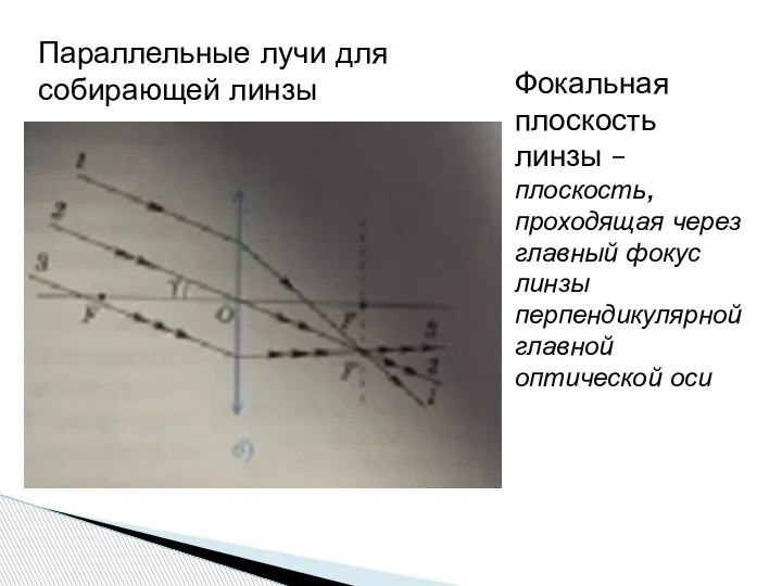 Параллельные лучи для собирающей линзы Фокальная плоскость линзы – плоскость, проходящая через