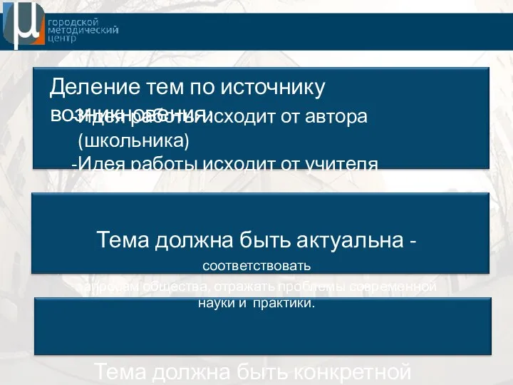 Деление тем по источнику возникновения: Идея работы исходит от автора (школьника) Идея