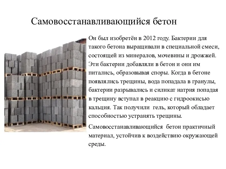 Самовосстанавливающийся бетон Он был изобретён в 2012 году. Бактерии для такого бетона