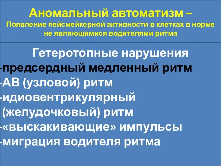 Аномальный автоматизм – Появление пейсмейкерной активности в клетках в норме не являющимися