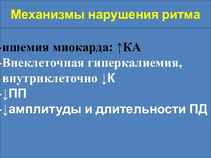 Механизмы нарушения ритма ишемия миокарда: ↑КА Внеклеточная гиперкалиемия, внутриклеточно ↓К ↓ПП ↓амплитуды и длительности ПД