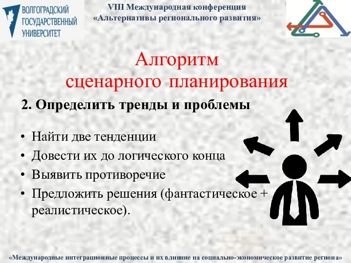 Алгоритм сценарного планирования 2. Определить тренды и проблемы Найти две тенденции Довести