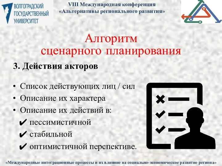 Алгоритм сценарного планирования 3. Действия акторов Список действующих лиц / сил Описание