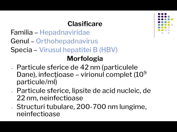 Clasificare Familia – Hepadnaviridae Genul – Orthohepadnavirus Specia – Virusul hepatitei B
