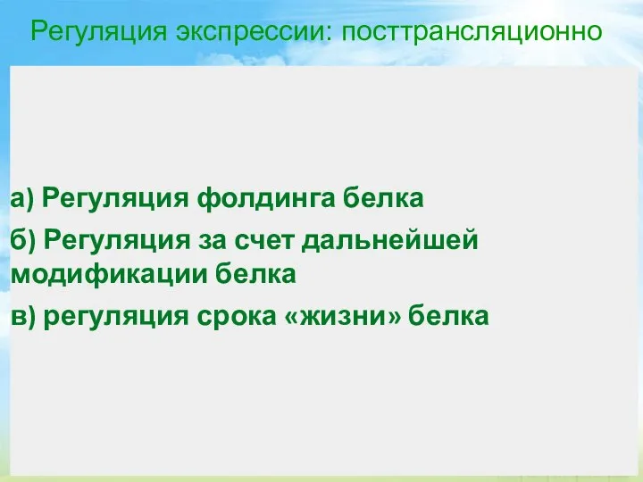 Регуляция экспрессии: посттрансляционно а) Регуляция фолдинга белка б) Регуляция за счет дальнейшей