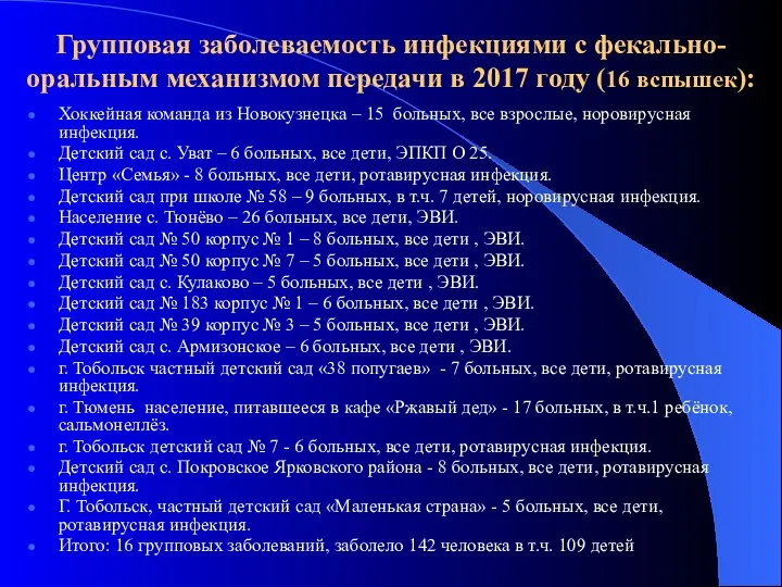 Групповая заболеваемость инфекциями с фекально-оральным механизмом передачи в 2017 году (16 вспышек):