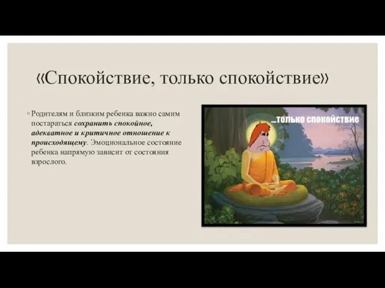 «Спокойствие, только спокойствие» Родителям и близким ребенка важно самим постараться сохранить спокойное,