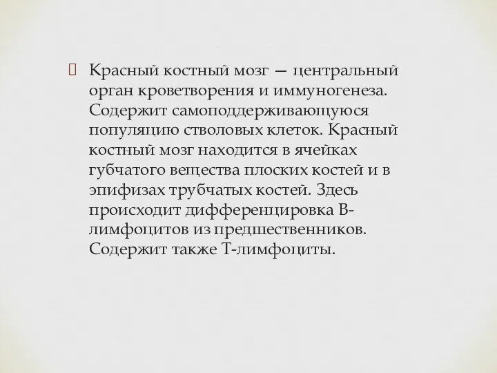 Красный костный мозг — центральный орган кроветворения и иммуногенеза. Содержит самоподдерживающуюся популяцию