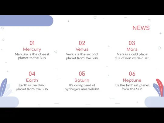 NEWS Mercury Mercury is the closest planet to the Sun Venus Venus