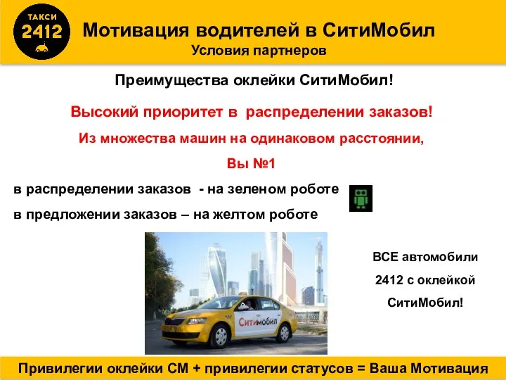 Мотивация водителей в СитиМобил Условия партнеров Привилегии оклейки СМ + привилегии статусов