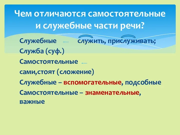 Служебные служить, прислуживать; Служба (суф.) Самостоятельные сами,стоят (сложение) Служебные – вспомогательные, подсобные