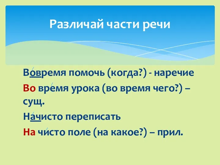 Вовремя помочь (когда?) - наречие Во время урока (во время чего?) –