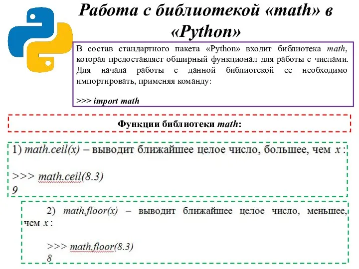 Работа с библиотекой «math» в «Python» В состав стандартного пакета «Python» входит