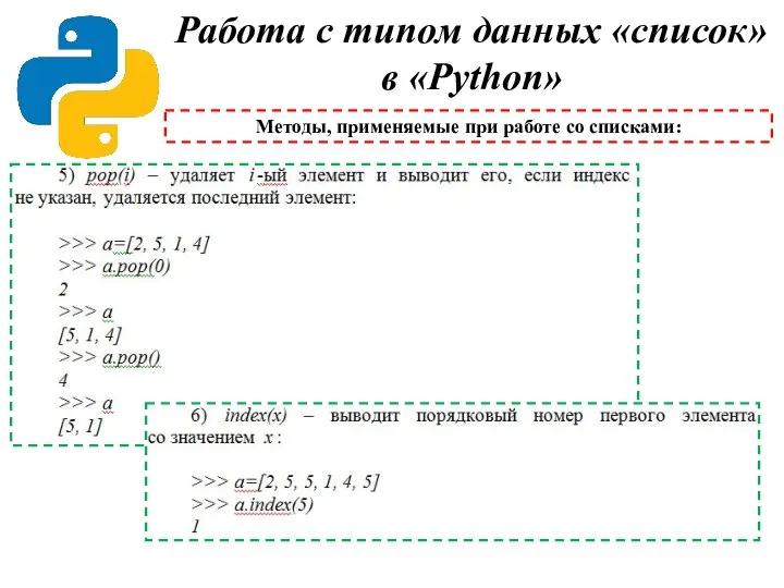 Работа с типом данных «список» в «Python» Методы, применяемые при работе со списками: